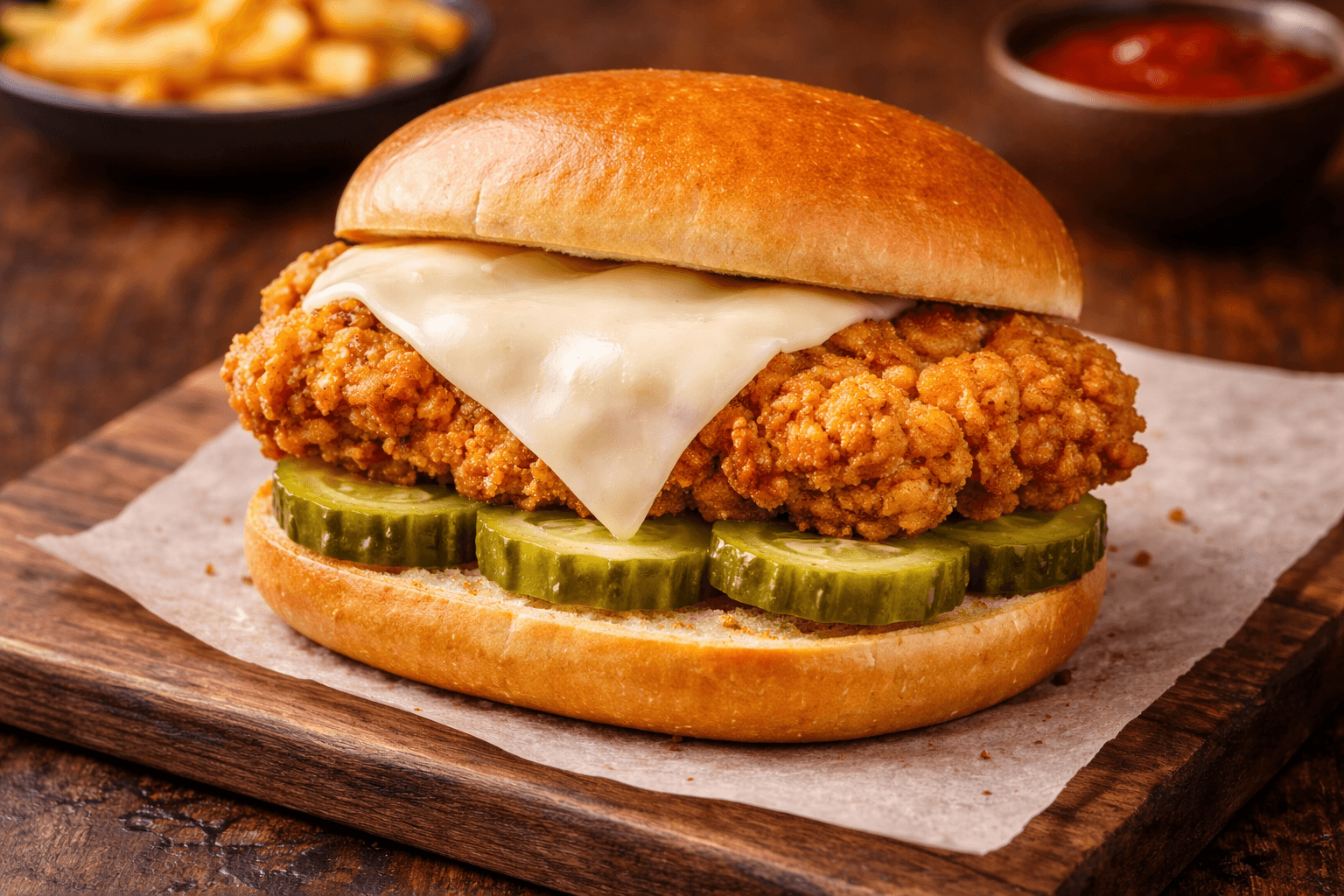 Crispy Chicken Sandwich - Crispy breaded chicken with melted cheese and pickles on a toasted brioche bun.
