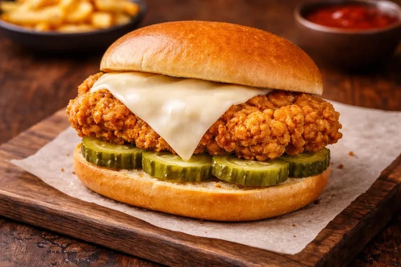 Crispy Chicken Sandwich - Crispy breaded chicken with melted cheese and pickles on a toasted brioche bun.