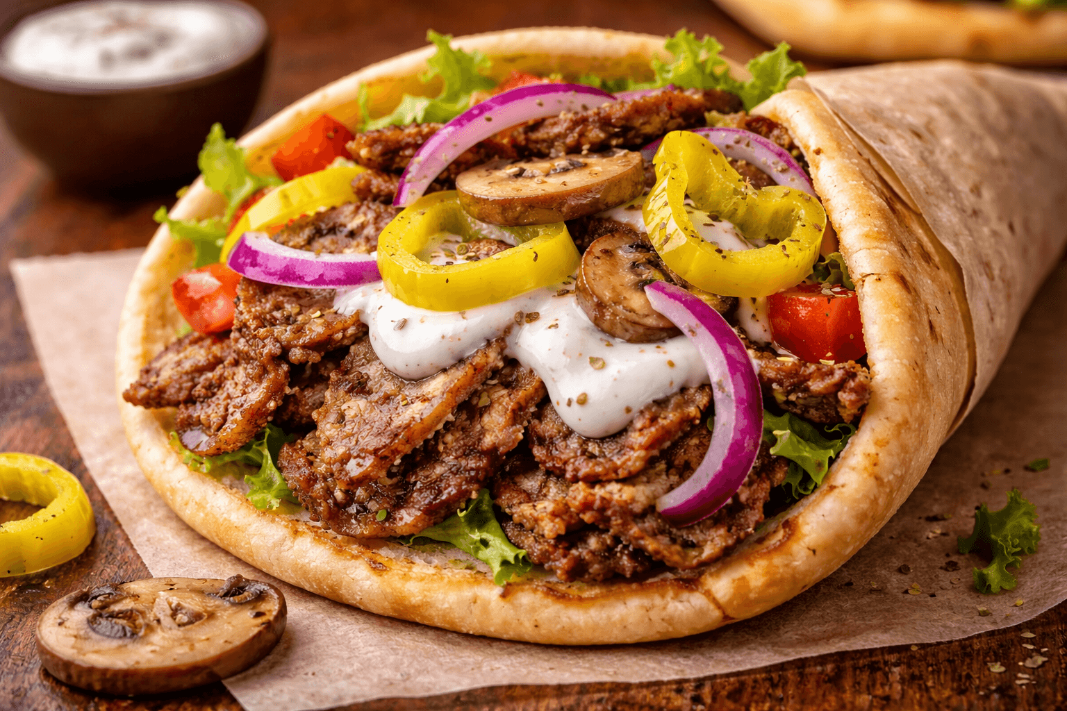 Loaded Gyro - Seasoned lamb & beef with fresh veggies, mushrooms, peppers, and tzatziki on warm pita.