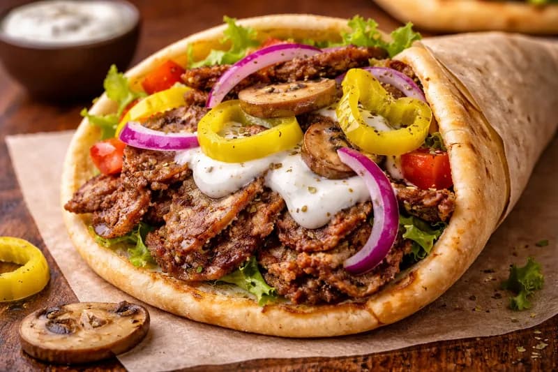 Loaded Gyro - Seasoned lamb & beef with fresh veggies, mushrooms, peppers, and tzatziki on warm pita.
