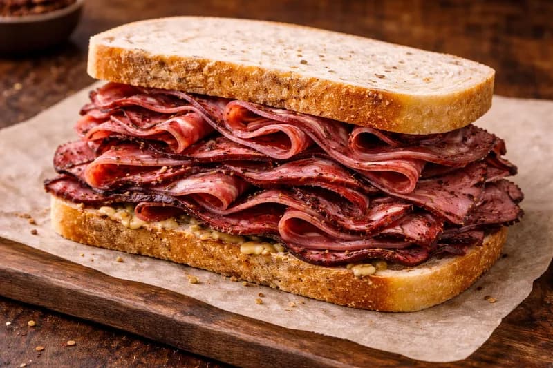 Pastrami Sandwich - Premium pastrami and corned beef on sourdough bread.