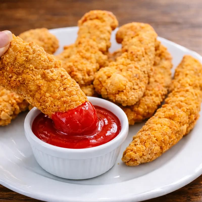 Chicken Tenders - Crispy golden chicken tenders served with ketchup for dipping.